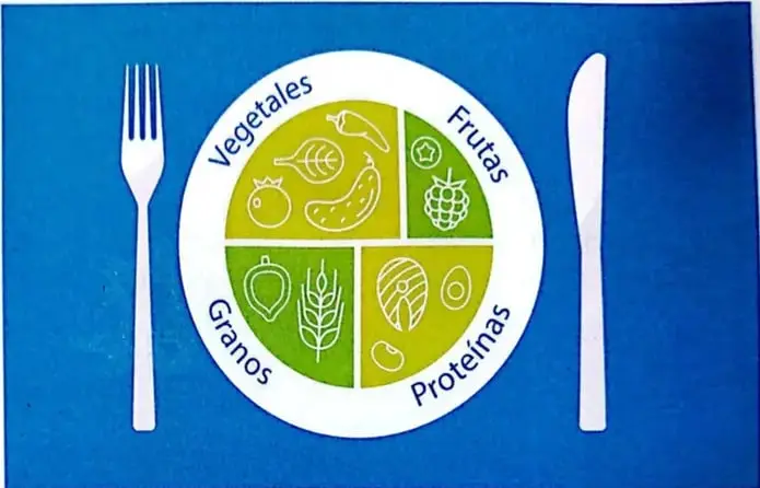 Ilustración de un plato saludable dividido en grupos de vegetales, frutas, granos y proteínas, acompañado de un tenedor y un cuchillo.