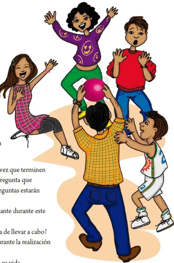 Ilustración de cinco niños y niñas jugando en círculo con una pelota rosa; uno de ellos sostiene el balón en alto mientras los demás ríen y levantan las manos.