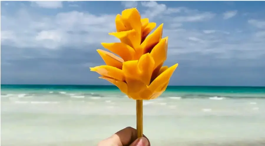 Mano sosteniendo una flor amarilla tropical (jengibre o curcuma) frente a un mar turquesa con cielo nublado.