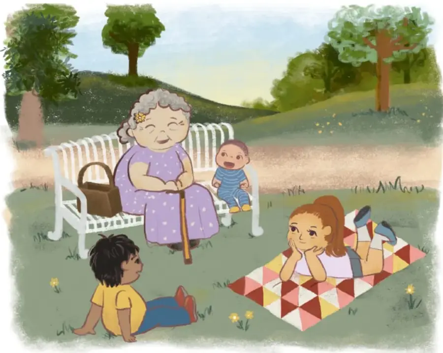 Ilustración de un parque con una abuela de cabello blanco y vestido lila sentada en una banca blanca, con bastón y bolso café. Frente a ella, tres niños la escuchan: uno sentado en el pasto con playera amarilla, un bebé en la banca y una niña recostada sobre una cobija de triángulos de colores. Al fondo, árboles y colinas verdes.