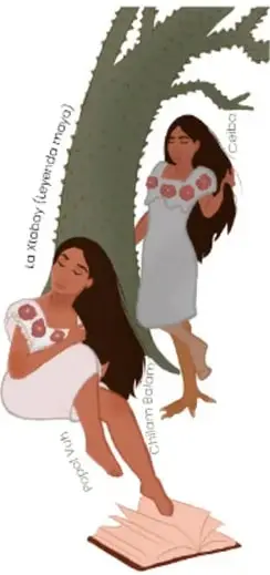 Ilustración de dos mujeres indígenas junto a un árbol, obra de Filomena Tun Cocon, Quintana Roo; aparecen palabras rotuladas como 'La xtabay (leyenda maya)', 'Celvaay' y 'Pisib p'ejp'ej'.