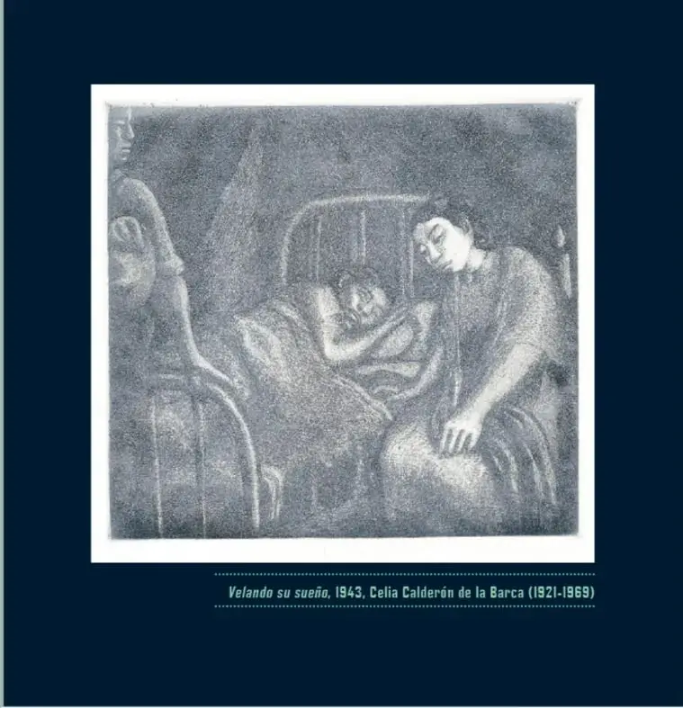 Reproducción de la obra 'Velando su sueño' (1943) de Celia Calderón de la Barca. Dibujo en tonos grises que muestra a una madre sentada junto a la cama de un niño dormido, con una figura adicional al fondo. La escena transmite cuidado y vigilia.