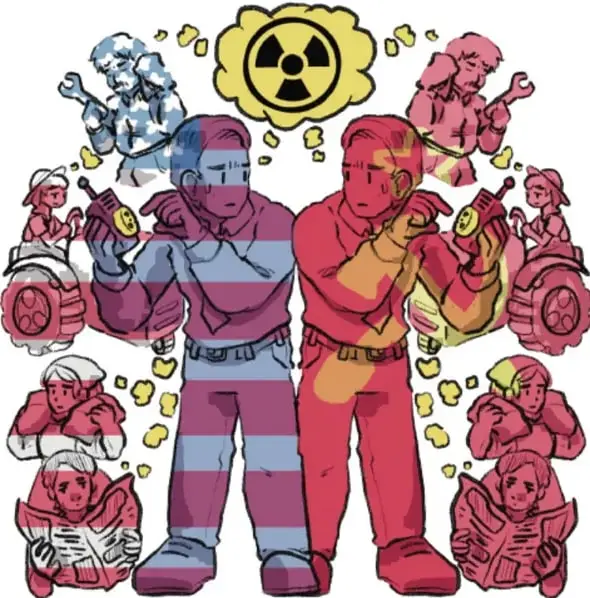 Ilustración de Dos_figuras (una azul y otra roja) sosteniendo mecanismos con engranajes, rodeadas de personas en diferentes poses y un símbolo de radiación en una nube amarilla, representando la tensión nuclear de la Guerra Fría. Crédito: Damián Caballero, Nuevo León.