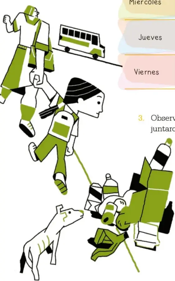 Ilustración de una familia caminando hacia el transporte público con una mascota.