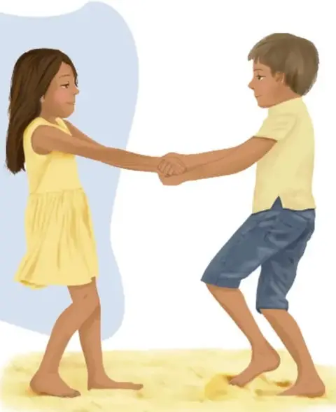 Ilustración de una niña con vestido amarillo y un niño con playera amarilla y shorts azules dándose la mano sobre arena, en actitud de amistad y respeto.