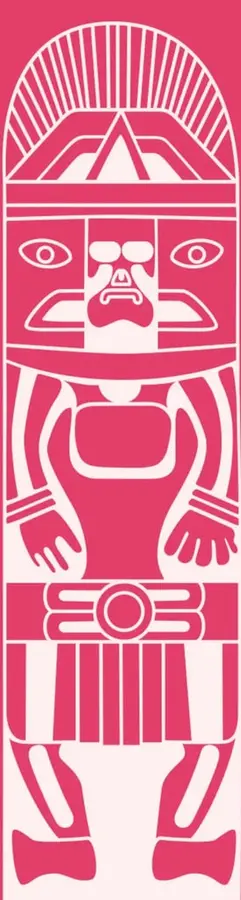 Ilustración estilizada de una figura prehispánica de piedra (deidad o gobernante con tocado radiante, ojos y manos simétricas), en color rosa/magenta sobre fondo del mismo tono.