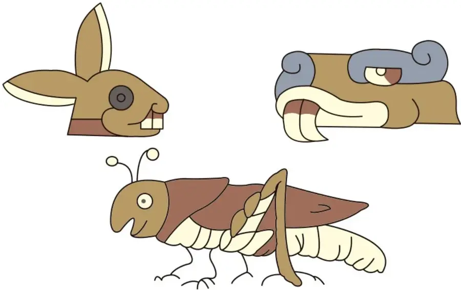 Tres glifos a color: una cabeza de conejo con orejas largas (izquierda), una cabeza de águila con pico curvo y volutas azules (derecha) y un chapulín de patas grandes (abajo, al centro).