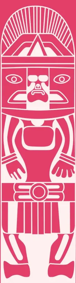 Ilustración estilizada en rosa y blanco de una figura prehispánica o africana, con tocado radiado, rostro con ojos grandes, brazos extendidos y faldón con grecas.