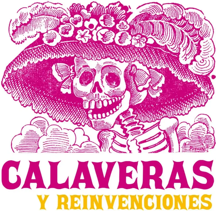 Grabado en tinta magenta de la Catrina: esqueleto con gran sombrero de plumas y flores y elegante atuendo; estilo de grabado popular, con la firma de J. G. Posada.