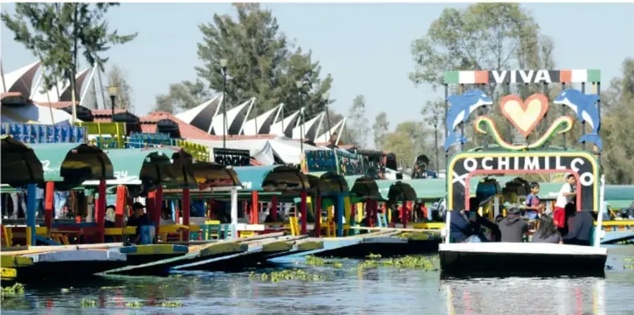Fotografía de varias trajineras de colores navegando por un canal de Xochimilco; una de ellas lleva la palabra "VIVA" y "XOCHIMILCO" con un corazón, y al fondo se ven árboles y construcciones.