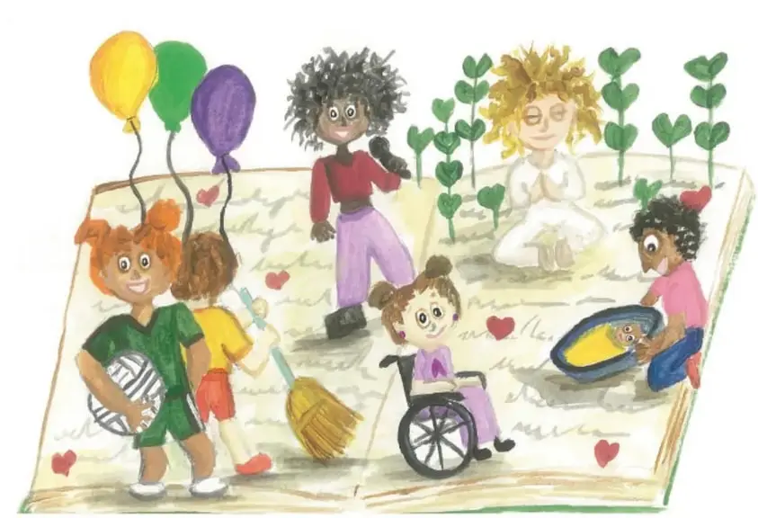 Ilustración de niñas y niños diversos jugando sobre un libro abierto: uno con balón, una barriendo, una en silla de ruedas, otros con globos y plantas, simbolizando inclusión y derechos.