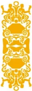 Tres íconos dorados decorativos de estilo prehispánico/mesoamericano con las etiquetas 'Tecnología', 'Educación física' y 'Tutoría y educación socioemocional'.