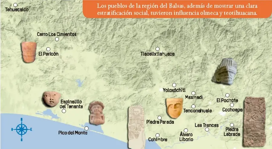 Mapa de la región del Balsas con sitios arqueológicos marcados y una leyenda que indica estratificación social e influencia olmeca y teotihuacana.