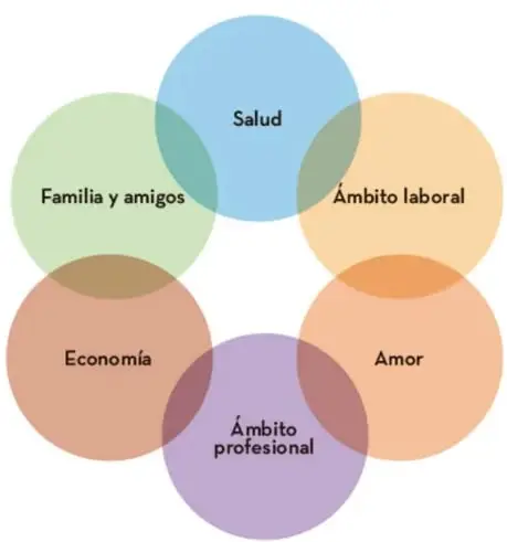 Esquema de seis círculos superpuestos de colores con las áreas humanas: Salud (azul), Familia y amigos (verde), Ámbito laboral (amarillo), Economía (rojo), Amor (naranja) y Ámbito profesional (morado).