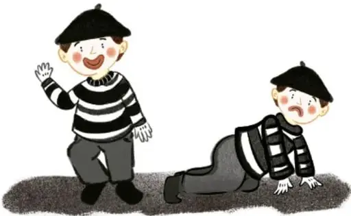 Dos niños con boina: uno de pie saludando con expresión alegre y otro en el suelo con gesto de enojo o sorpresa.