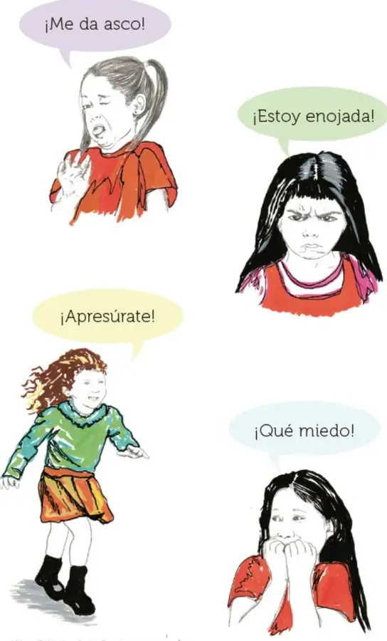 Cuatro ilustraciones de niñas con globos de diálogo: una con pelo recogido y blusa roja da muestras de repulsión («¡Me da asco!»); una de cabello negro con ceño fruncido expresa enojo («¡Estoy enojada!»); una de cabello rizado corre con prisa («¡Apresúrate!»); y una morena se cubre la boca con las manos, asustada («¡Qué miedo!»).
