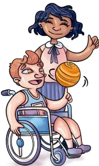 Ilustración de una niña de pie junto a un niño en silla de rueda; ambos sonríen y el niño sostiene un balón naranja. Crédito: Lavinia Cabrera Sandoval, TABASCO.