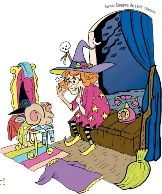 Eloísa, bruja de cabello naranja, sombrero morado con estrellas y vestido rosa estrellado, se toca la cara frente a su cuarto; junto a ella hay un sillón rosa, una escoba, un teléfono rosa sobre una repisa y un ventanal nocturno con luna, ramas y cortinas azules.