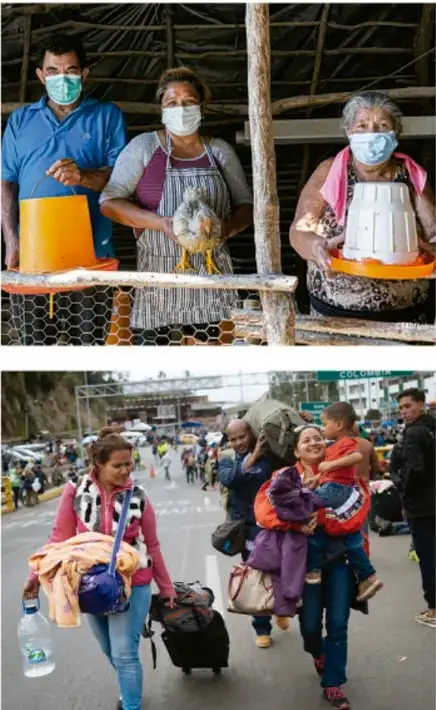 Tres personas (una con cubrebocas) en una estructura de madera con gallinas, en un entorno rural; representa las condiciones de vida y producción local.