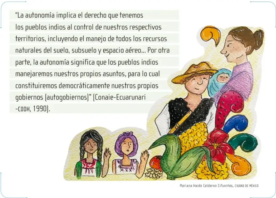 Ilustración de una familia indígena con niña en rebozo, maíz, flores y dos niñas; crédito a Mariana Haide Calderón Cifuentes, Ciudad de México.
