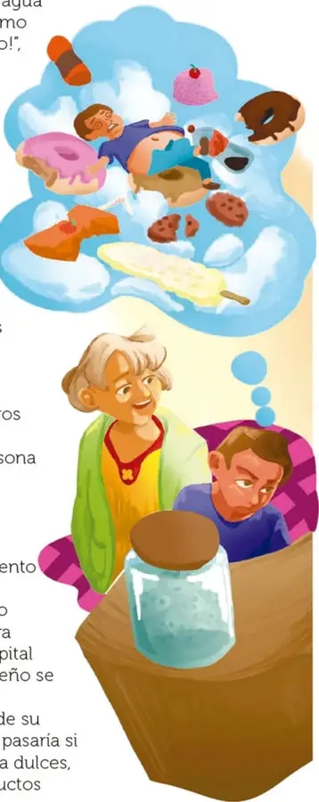 Miguel acostado dentro de una nube de sueño rodeado de dulces flotantes: dona, paleta, galletas, helado, pan, vaso con jugo y bombón.
