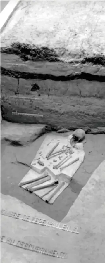 Fotografía en blanco y negro de la excavación: el esqueleto de Naia tal como fue hallado sobre el fondo de la caverna, con sus huesos articulados y una regla de medición.