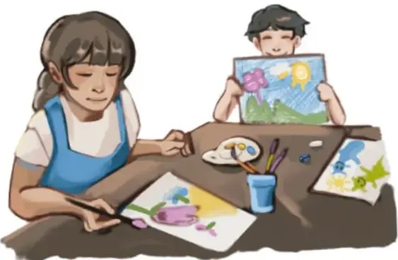 Dos niñas en una mesa pintando y dibujando con pinceles y colores; una sostiene un cuadro con sol, flor y mariposa. Crédito: Abigail Godoy Araujo, QUERÉTARO.