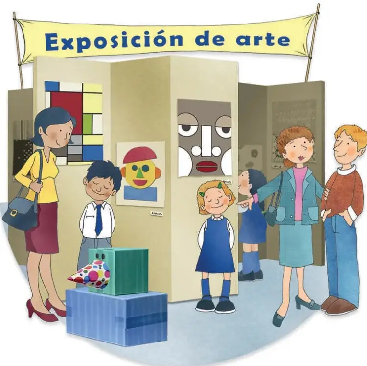 Ilustración de una «Exposición de arte»: dos paneles con pinturas geométricas y un retrato con gorro rojo, seis personas observando y, en el suelo, un cubo azul con un objeto decorado y un prisma verde sobre él.