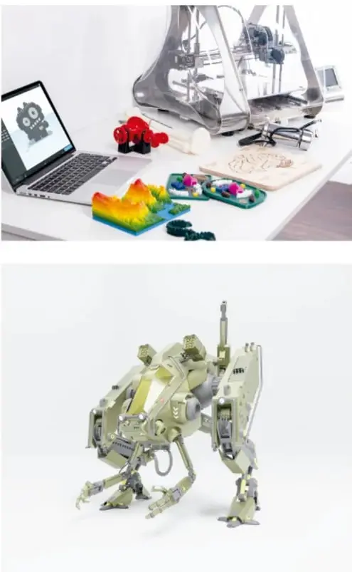 Mesa de trabajo con laptop, impresora 3D, una figura roja de plastilina y piezas de colores para animación.