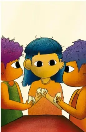 Ilustración de tres niños sentados a una mesa jugando lotería; una niña al centro sostiene cartas y dos niños la observan.
