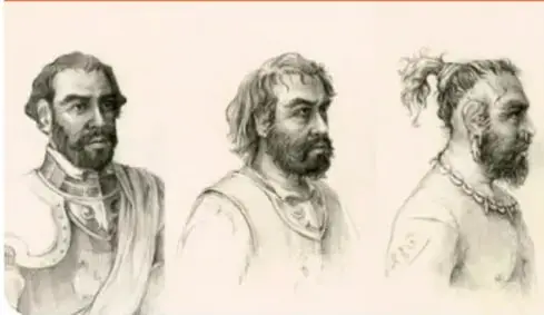 Ilustración de Gonzalo Guerrero, padre del mestizaje, con tres personajes.