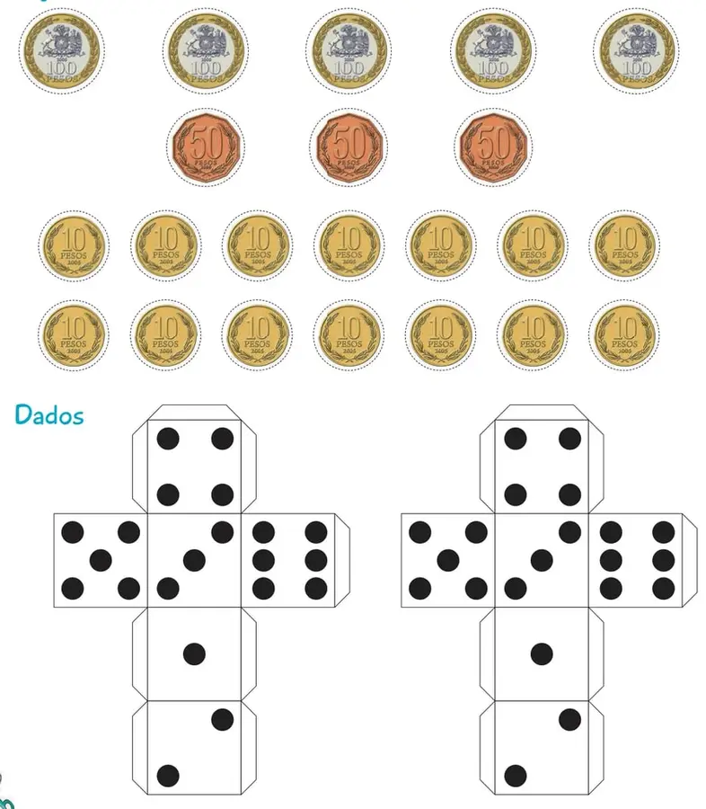Cinco monedas de 100 pesos con escudo nacional, tres monedas de 50 pesos y catorce monedas de 10 pesos (dos filas de siete), todas con borde punteado para recortar.