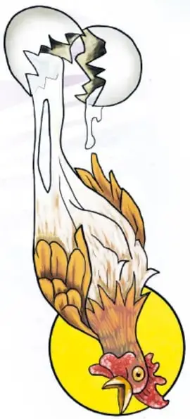 Una gallina marrón y un huevo blanco corren juntos hacia una meta con listón rojo a cuadros negro y blanco, como competidores.