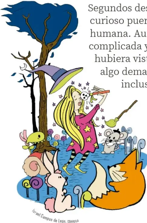 Eloísa, ahora rubia y con sombrero morado, lanza el hechizo con su varita entre estrellas; a su alrededor hay un zorro naranja, una liebre blanca, un ratoncito gris, una planta sonriente, un hongo y caramelos, junto a un árbol de copa azul con un sombrero caído.