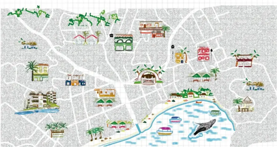 Croquis de una ciudad con calles, edificios, parques, un río y una ballena, que representa un mapa local.