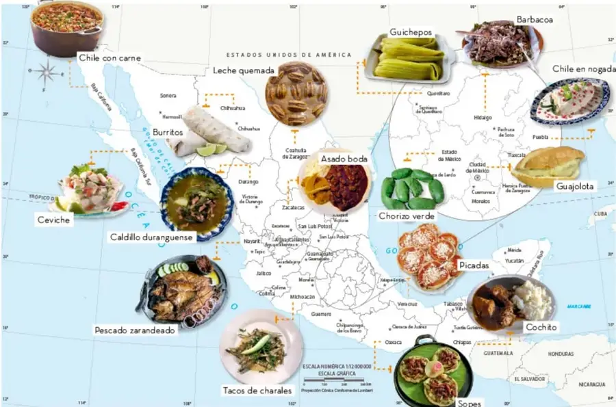 Mapa de México con fotografías de platillos típicos anotados: chile con carne, burritos, ceviche, caldillo duranguense, pescado zarandeado, tacos de charales, leche quemada, barbacoa, guichepos, asado boda, chile en nogada, chorizo verde, guajolota, picadas, cochito y sopes.