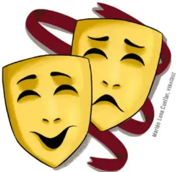 Ilustración de dos máscaras de teatro, una sonriente y otra triste, con listones rojos.
