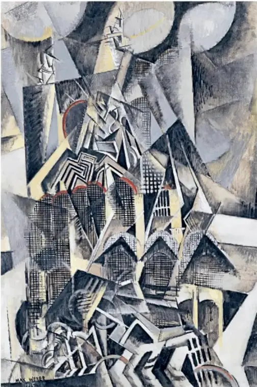 Reproducción de *Estación terminal "Grand Central"*, 1915, de Max Weber: edificios y estructuras urbanas descompuestas en planos geométricos en tonos grises y ocres.
