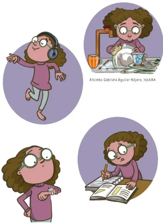 Ilustraciones de una niña con audífonos, lavando trastes, mirando el reloj y escribiendo en un cuaderno