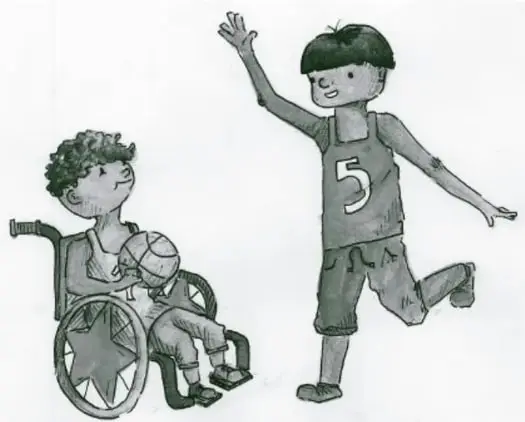 Ilustración de un niño en silla de ruedas y otro niño de pie con una camiseta con el número 5, ambos parecen estar jugando o conversando.