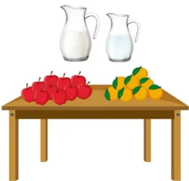Mesa de madera con manzanas rojas, naranjas y dos jarritas (una con leche y otra con agua) que ilustran la comparación.