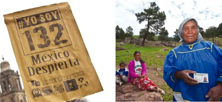 Cartel de papel con la leyenda '#YO SOY 132 México Despierta' y símbolos de movimientos sociales, sostenido frente a una iglesia.