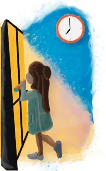 Ilustración de una niña observando a través de un tubo rectangular negro hacia una ciudad iluminada de noche, con un reloj en la esquina superior derecha.