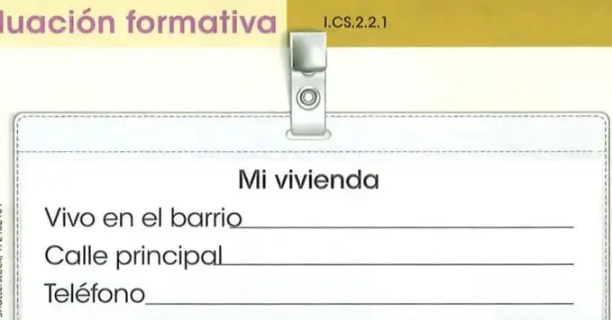 Ficha titulada "Mi vivienda" con espacios para escribir el barrio, la calle principal y el teléfono.
