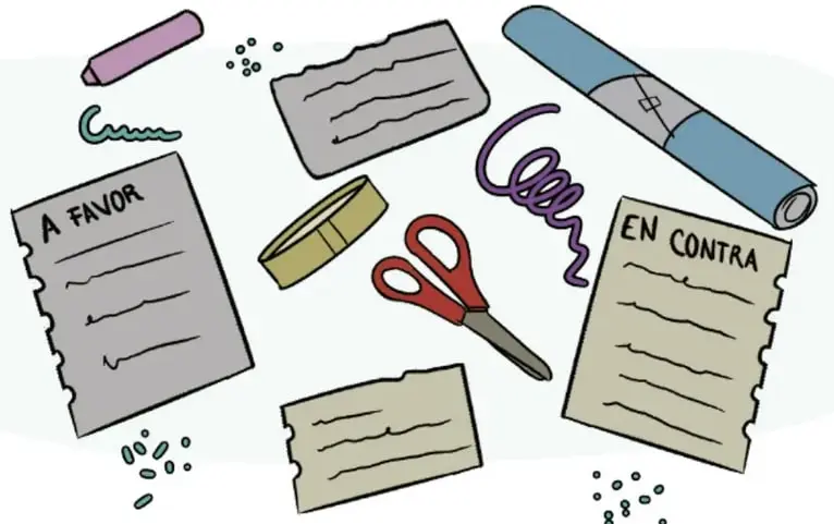 Ilustración de materiales escolares: hojas con las etiquetas "A FAVOR" y "EN CONTRA", lápiz, tijeras, cinta adhesiva, rollo de papel y espirales decorativas.