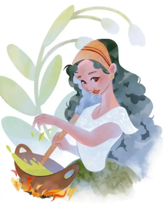 La Mulata, de cabello verde azulado y listón naranja, revuelve con una cuchara de madera un caldero humeante sobre el fuego, rodeada de hojas grandes; prepara sus ungüentos y pociones.