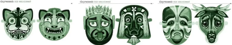 Seis máscaras mexicanas en tonos verdes con etiqueta «¡Expresando mis emociones!»: máscaras con rasgos felinos (enojo y alegría), figuras con corona y rostro con lengua afuera (sorpresa/desagrado y enojo), y rostros con lágrimas y con cuernos de animal (tristeza y miedo).