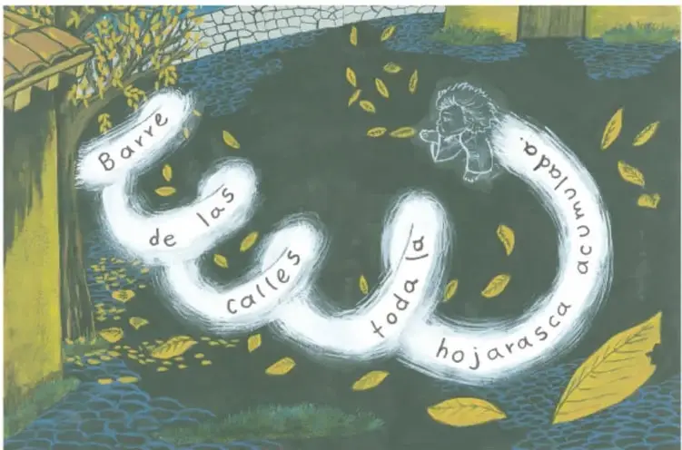 Calle empedrada de noche: el viento blanco, con rostro, barre hojas amarillas junto a un muro y un árbol; el verso está escrito sobre su cuerpo.