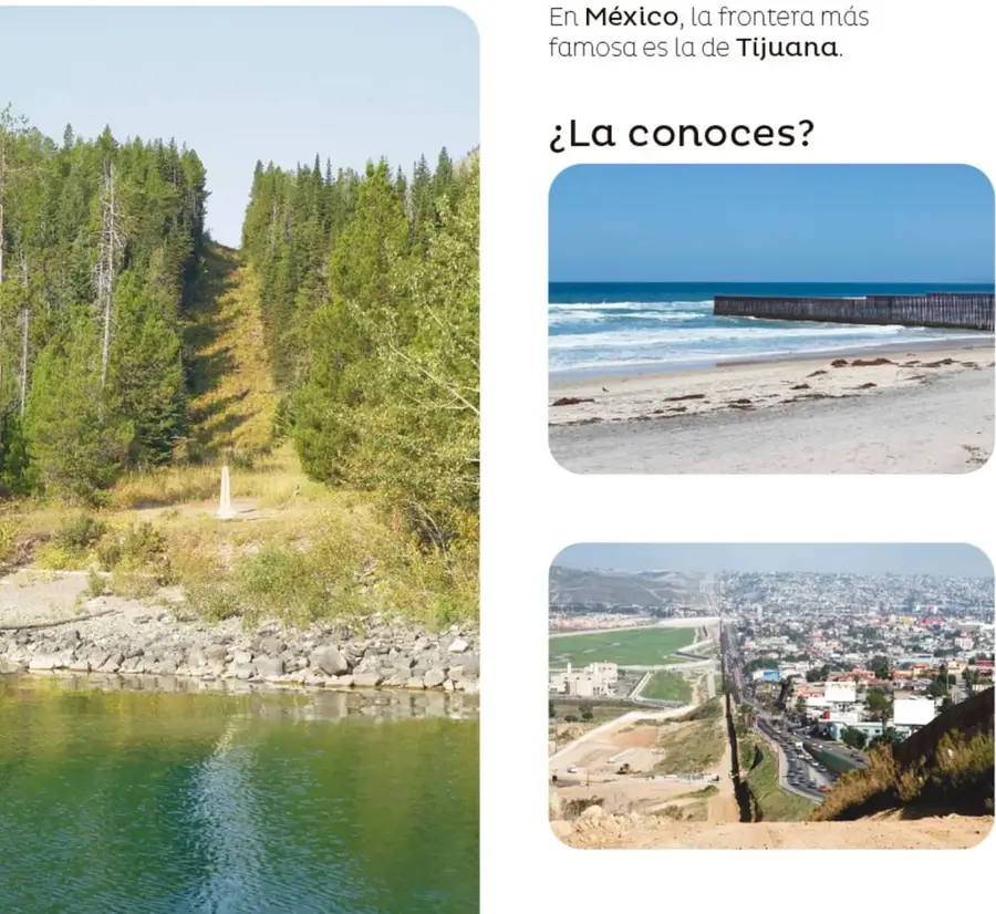 Franja de bosque de coníferas con un corte claro de árboles que baja en pendiente hasta la orilla pedregosa de un lago de agua verde; es el límite Canadá-Estados Unidos.