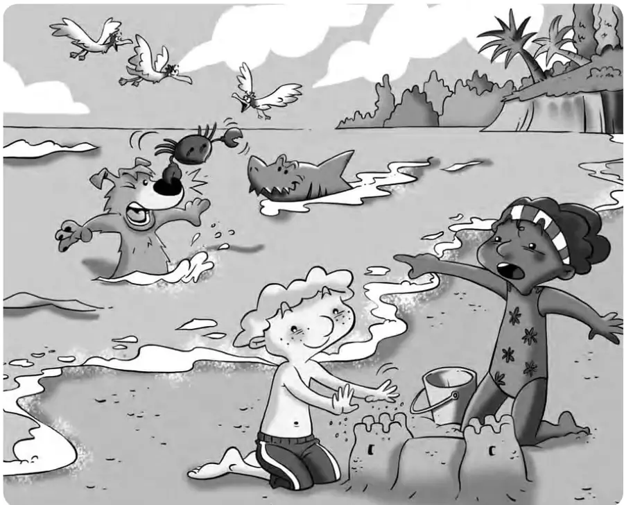Escena de playa: un perro (Chippy) en el agua con un cangrejo en el hocico, un tiburón asomando, tres gaviotas volando, un niño rubio (Lee) construyendo un castillo de arena con balde y pala, y una niña (Ruby) de pie señalando al mar.